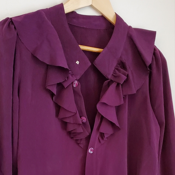 Plum Ruffle Vintage 80s Long Sleeve Button Up Blouse - Picture 12 of 13